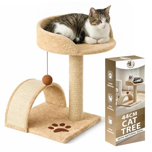 Image of Rex & Roxy Cat Tree 44CM | Cat Scratch Post | Scratching Posts for Indoor Cats | Kitten Scratcher Post | Stable Climbing Tower With Scratching Bridge, Cosy Bed & Post for Playing (Beige)