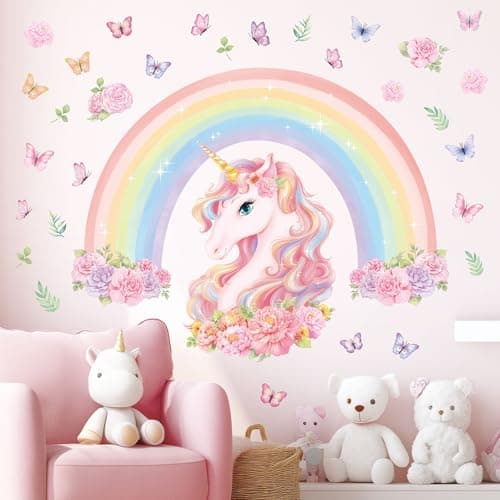 Image of DECOWALL SG2-2413 Large Rainbow Unicorn Wall Stickers Flower Peel and Stick Wall Art Decals for Girls Bedroom Kids Room Baby Nursery