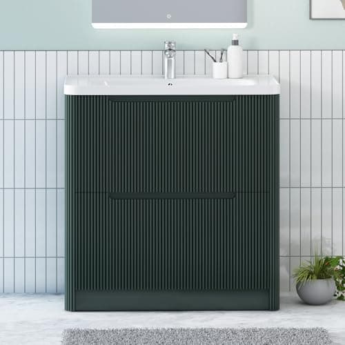 Image of Royal Bathrooms Avenza 800mm Fluted Bathroom Vanity Unit with Ceramic Basin Deep Moss Green Floor Standing 2 Drawer Soft Close Storage Cabinet Modern Cloakroom Under Sink Furniture