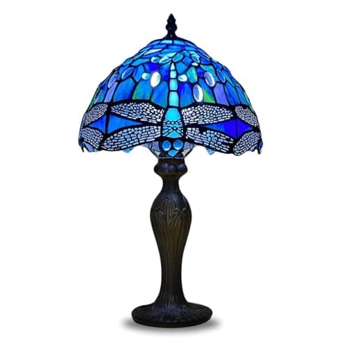 Image of TIFFORA Blue Dragonfly Tiffany Style Table Lamp, Hnadcrafted Glass Shade E27 Bulb