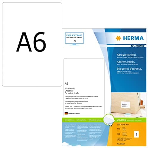 Image of HERMA Self Adhesive Parcel Shipping Labels, 1 Label Per A4 Sheet, 800 Labels For Laser And Inkjet Printers, 105 x 148 mm (8689), White
