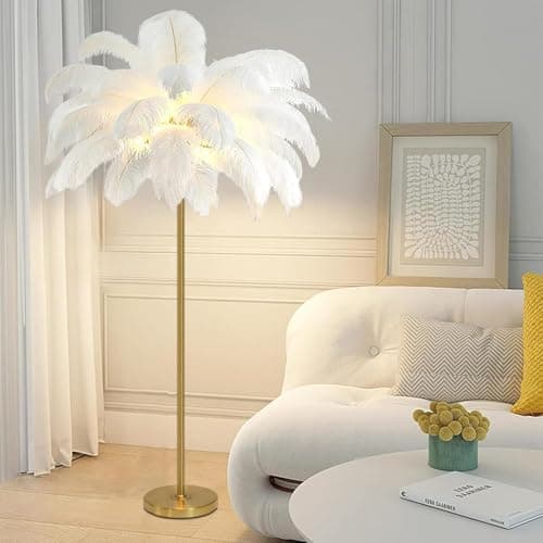 Image of Atwnjkp Feather Lamp,Ostrich Feather Floor Lamp,Gold Finish,Modern Feather Standing Light with Foot Switch and White Lampshade,Ostrich Feather Lamps for Living Room Bedroom Decoration