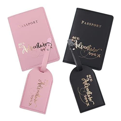 Image of Bekecidi 2 Pieces Luggage Tags and 2 Pieces Passport Covers, PU Leather Document Sets Passport Holder Baggage Labels for Storing Passport Boarding Passes Credit Card (Adventure, Black+Pink)