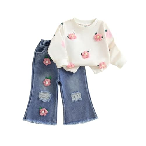 Image of Geagodelia Toddler Girls Outfits 0-7 Years Long Sleeve Crochet Floral/Strawberry Embroidery Sweatshirt Pullover Tops with Flare Jeans Elastic Denim Pants Sets 2Pcs Girl Clothing (Pink, 2-3 Years)