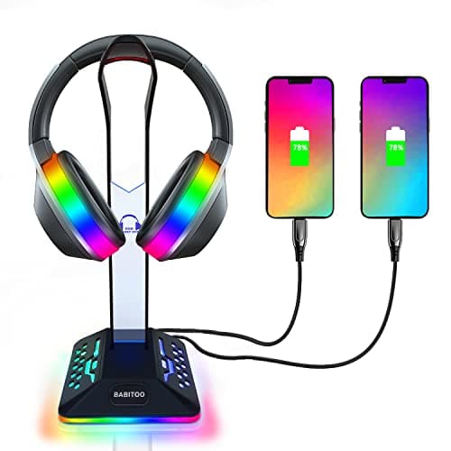 Image of RGB Headphone Stand Gaming Headset Holder - Headphone Holder with 2 USB Chargers and 7 Light Modes for Gamers Gaming PC Accessories