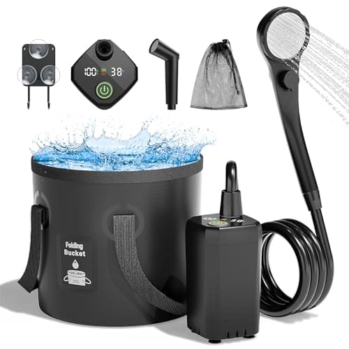 Image of Mytrix Upgraded Portable Camping Shower Full Set, 6000mAh Rechargeable Power Suction Pump with Smart Display, Multi-Modes Spray Head & 5 Gal Water Foldable Bucket for Outdoor Travel Hiking