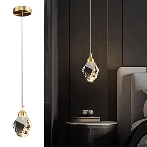 Image of Sxtiger Modern Crystal Pendant Light, 3-Color LED Crystal Pendant Light, Adjustable Height Gold Ceiling Hanging Pendant Lamp, for Kitchen Island Bedroom Dining Room (Gold)
