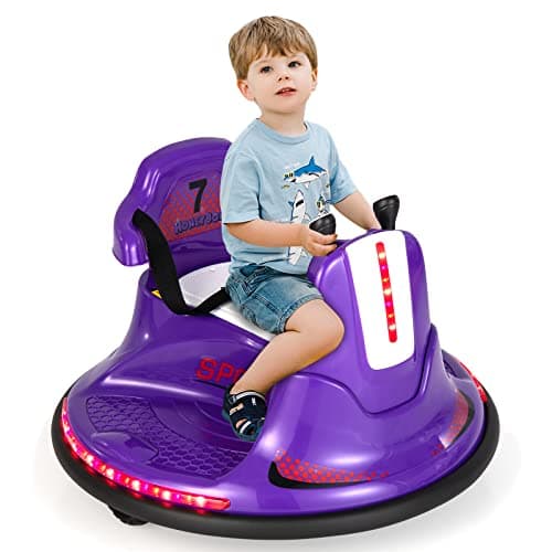 Image of Maxmass 360-Degree Rotation Spin Bumper Car, Battery Powered Kids Waltzer Car with Dual Joystick, Remote Control, LED Lights and Music, 12V Electric Vehicle Ride on Toys for Boys Girls (Purple)