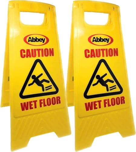 Image of Abbey Pack of 2 Warning Caution Wet Floor Sign Yellow 640mm Height – Cleaning in Progress Floor Sign Printed on the Other Side –Mini Wet Floor Sign Ideal for Commercial Business use