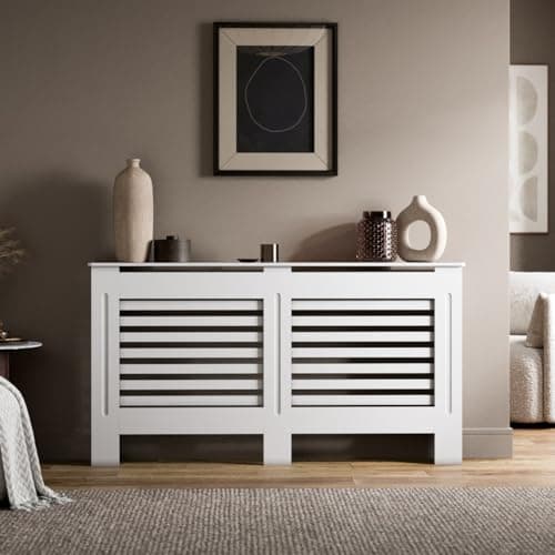 Image of RADIANT LIVING Radiator Cover Horizontal Slat Design, Modern White MDF Radiator Cabinet for Living Room & Bedroom, Large 152 x 81.5 x 19cm