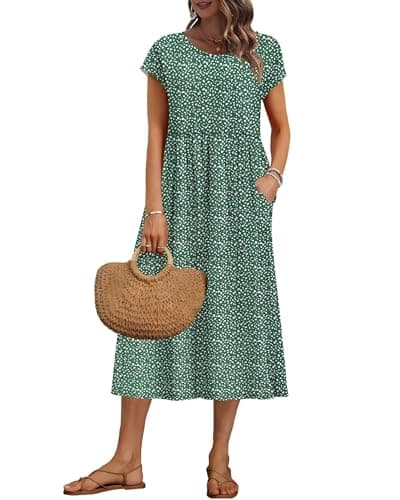 Image of AUSELILY Women's Summer Short Sleeve Long Dresses Shift Midi Plus Size Loose Floral Dress with Pockets, Deep GN Pattern 3XL