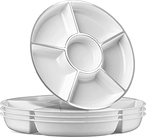 Image of Gikisla 4 Pack White Compartment Trays with Silver Rim, 12'' Round Serving Platters for Parties, 6 Sectional Round Plastic Serving Tray for Chips and Dip, Veggies, Candy and Snacks