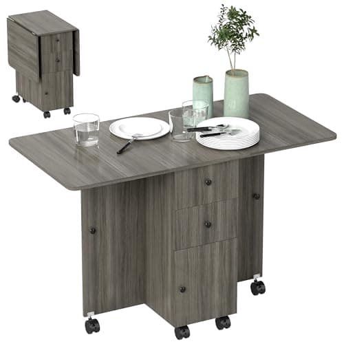 Image of HOMCOM 60-120 cm Folding Dining Table for 4-6, Rolling Drop Leaf Table on Wheels with Storage Drawers, Cabinet and Open Shelf for Small Spaces, Kitchen, Dining Room, Flat, Grey