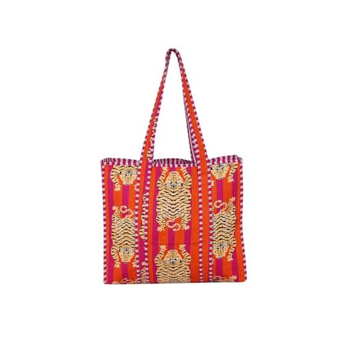 Image of Indian Cotton Quilted Tote Bag Women shoulder Bag Carry, shopping Beach Bag Summer Holiday Essentials Shopping Travel Bag with Pockets Handbags for Women (Saffron-Pink)
