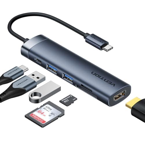 Image of VENTION Aluminum PD100W Powered USB C Hub, 6 in 1 Multi-Port Docking Station, 4K HDMI, USB A 3.0/USB-C Data Transfer Adapter, SD/TF Card Reader, for Laptop/Macbook Pro/HP Dell/iPad Pro, Gray