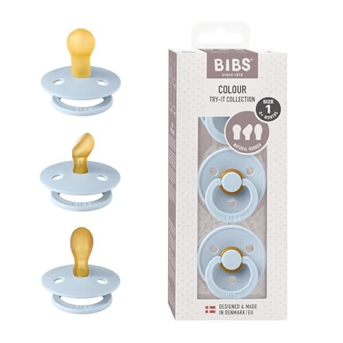 Image of BIBS Colour Try-It Collection: 3 Soothers for Your Baby's Unique Needs, Round, Symmetrical and Anatomical Nipple. Natural Rubber Latex, 0+ Months (Pack of 3), Baby Blue