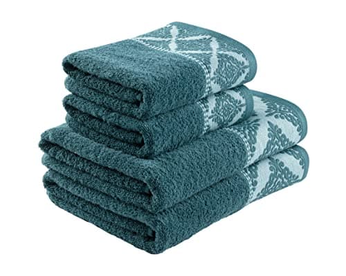 Image of La Maison Jacquard Rosa Floral Border 100% Cotton 500GSM Luxury Hand Towel Bath Towel Super Soft Highly Absorbent Everyday Use (4 Piece Bale Set, Emerald)