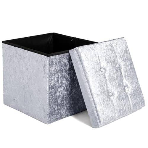 Image of Home Republic Crushed Velvet Ottoman Storage Box – Foldable Cube Ottoman with Lid – Multipurpose Toy Chest, Foot Rest, Bench Seat & Nursery Storage Solution (Silver, 38W)