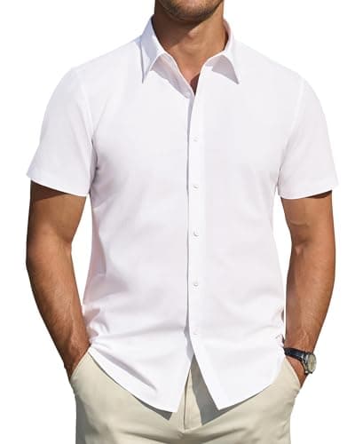 Image of J.VER Mens Shirts Short Sleeve Stretch Stain Shield Summer White Shirt Men Regular Fit Non Iron Dress Business Casual Work Office Formal Shirts M