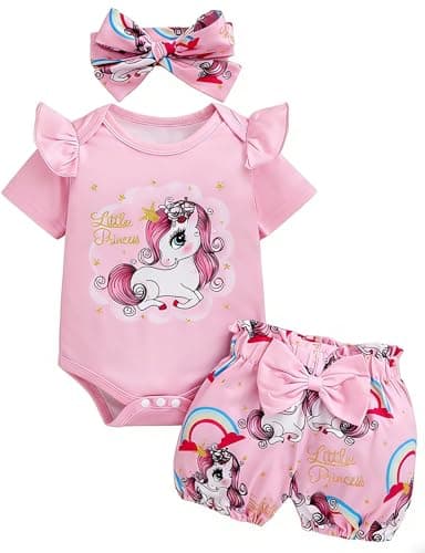Image of NNYX Newborn Baby Girl Summer 3Pcs Clothes Set Little Toddler Girl Outfit Set Infant Girl Short Sleeve Bodysuit and Bow Shorts & Cute Headband Little One Unicorn Pink Purple Clothing Set 0-18 Months