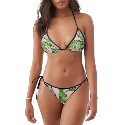 Image of ERhoug Fresh Banana Leaves Print Sexy Two Piece Bikini Set, Triangle Halter String Bathing Suit for Women, Fashionable Swimwear Black