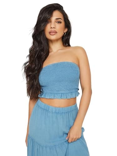 Image of PixieGirl Petite Blue Chambray Shirred Bandeau Top Petite