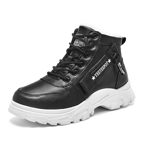 Image of Yeeteepot Women's Snow Boots Winter Warm Booties Lace Up Ankle Boots Faux Fur Lining Booties Outdoor Anti-Slip Walking Shoes Black White 6.5 UK = Label 41