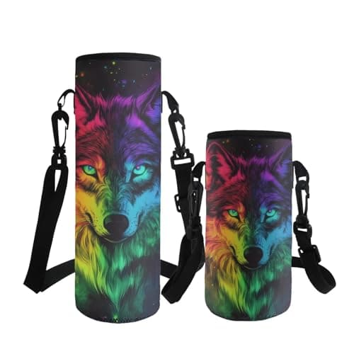 Image of ASQVTIFE Wolf Neoprene Water Bottle Carrier with Strap for Kids Boys Girls Elementary Insulated Water Bottle Sleeve with Adjustable Shoulder Strap for Middle Steel/Glass/Plastic Bottles S