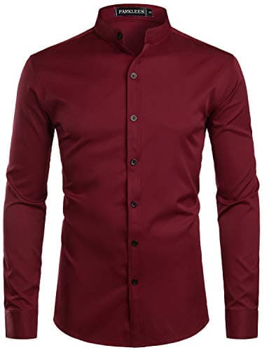 Image of PARKLEES Men's Slim Fit Long Sleeve Button Up Casual Band Collar Shirts CL08 Burgundy S