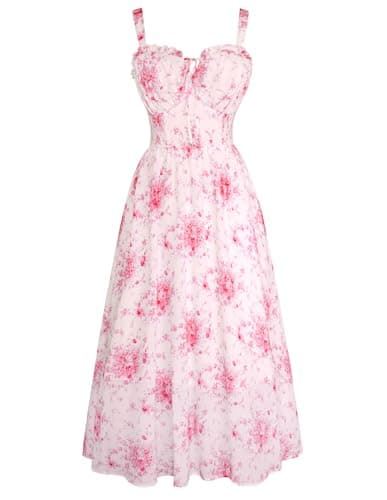Image of SCARLET DARKNESS Women's Pink Floral Print Boho Dresses Tie Front Ruffle Sleeveless A-Line Maxi Flowy Casual Summer Dress for Beach XL