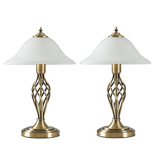 Image of MiniSun | Traditional Style Antique Brass Twist Table Lamps with a Frosted Alabaster Shade | Table Lamps, Home Décor & Improvement Essential | Set of 2 | Includes 6W LED E27 Light Bulb
