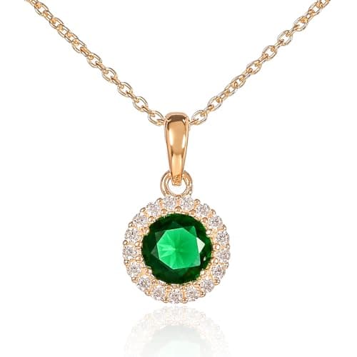 Image of Diamond Treats Gold Plated Emerald Green Necklace for Women with Emerald Stone and Small Cubic Zirconia Stones, Round Halo Pendant Necklace in Yellow Gold
