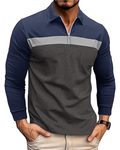 Image of Ryehack Men's 1/4 Zip Polo Shirt Long Sleeve, Raglan & Contrast Color - Casual & Golf T-Shirt, Blue+Grey, L