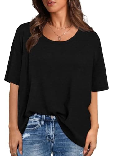 Image of Aokosor Women Tops Summer T Shirts for Women UK Oversized Tshirts Short Sleeve Tee Shirts Scoop Neck Ladies Tops Size 18-20 Black