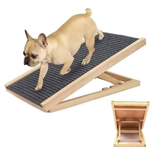 Image of Adjustable Height Pet Ramp Car Dog Ladder, Wooden Dog Car Ramp with Safety Non-slip Carpet, Folding Dogs Sofa Ramps for High Bed Couch SUV Cars Travel, Portable Dogs Stair Step, 70x 35x 30/40cm