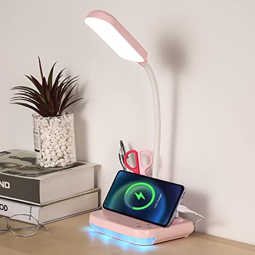 Image of CELYST LED Rechargeable Desk Lamp, 5-in-1 Small Desk Lamp with USB Charging Port, Pen Holder, Night Light, Portable Desk Light for Home Office Student Children Kids College Dorm (Pink)