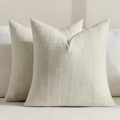 Image of FIBORIA Cream Cotton Cushion Covers 50cm x 50cm Faux Linen Tartan Cushion Cover Washable Boho Pillowcases 20x20 inch for Sofa Spring Outdoor Garden Couch Bedroom Seat Decorations (Set of 2)