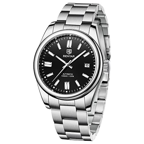 Image of TYBERLEY Men's Automatic Watch Stainless Steel Strap Waterproof Luminous Casual Business Sport Analogue Self-Winding Wristwatch Date (Black)