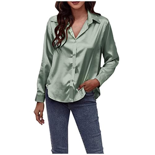 Image of Satin Blouses for Women UK Long Sleeve Silky Shirts Satin Silk Like V Neck Tops Business Casual Oversized Button Down Shirt Ladies Office Work Everyday Daily Wear (Green-B, M)