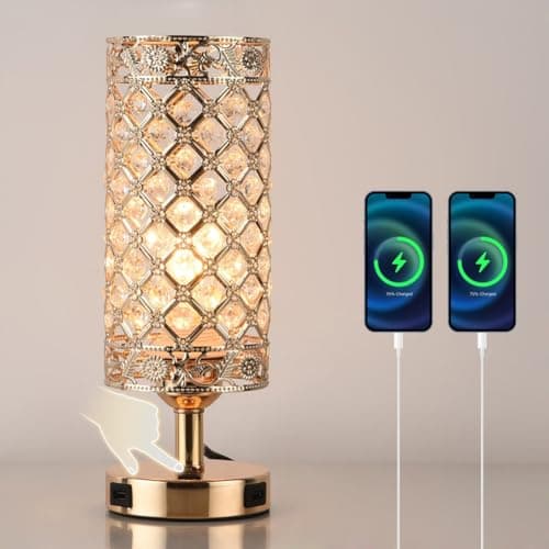Image of JHYPVII Modern Crystal Table Lamp with Dual USB Charging Port, Gold Bedroom Nightstand Table Lamps with Switch, E27 Bedside Lamp with Crystal Lamp Shade, for Living Room, Guest Room, Dresser Table