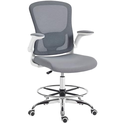 Image of HOMCOM Draughtsman Chairs with 4D Lumbar Support, Ergonomic Mesh Tall Office Chair with Flip-up Armrests and Adjustable Footrest, 360 Degree Swivel Task Stool, Home Office, Charcoal Grey