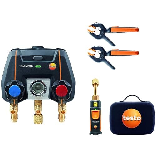 Image of Testo 550i Kit I App Operated Digital Manifold, 1 x 552i Micron Gauge and 2 x 115i Pipe Clamp Thermometer for air Conditioning, Refrigeration Systems and Heat Pumps – with Bluetooth