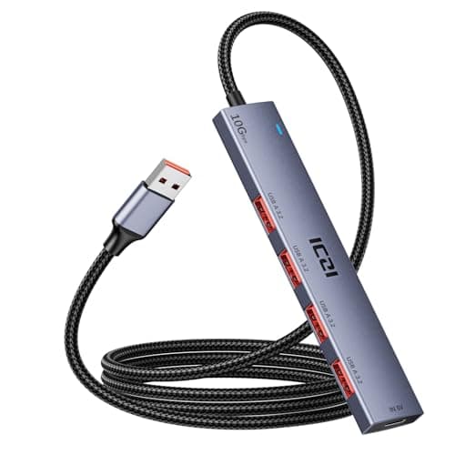 Image of ICZI USB 3.2 Hub, USB Hub 10Gbps with 120cm Nylon Braided Cable, USB 3.2 Gen 2 Splitter with 4 USB-A 3.2 Ports and 1 5V Typ-c Port (Not charge) for Laptop, Keyboard, Maus, SSD/HDD etc. USB Devices