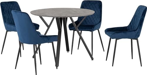 Image of Seconique Athens Round Dining Table Set with 4 Avery Dining Chairs in Concrete/Sapphire Blue Velvet