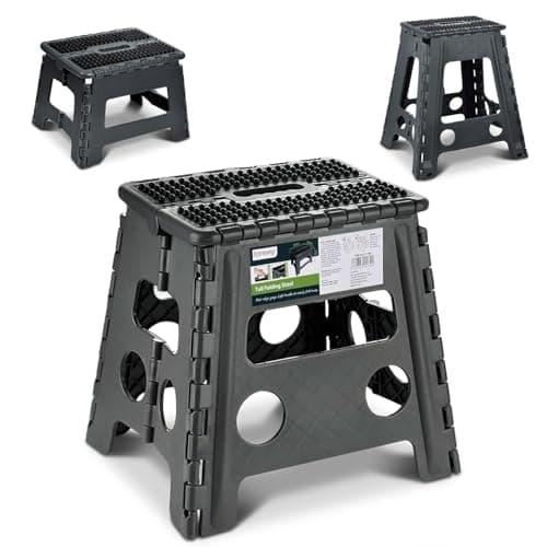 Image of Rainberg Folding Step Stool 13 Inch, Heavy Duty Folding Stool, 300 lbs Capacity with Carrying Handle, Portable, Anti Slip Surface for Kids & Adults, Kitchen, Bathroom, Camping (Black)