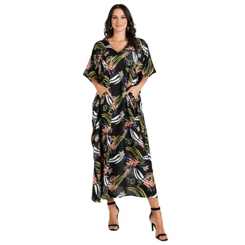 Image of Miss Lavish London Long Caftans for Women - Boho Kaftan Dress, Plus Size Summer Kaftan, Women's Loungewear and Beach Caftans, Petite and Maxi Kaftan, Swimwear Cover-Ups, Size XL,Jungle Black Kaftans