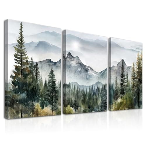 Image of Dazzlewall 3Pcs Framed Wall Art Decor Forest Mountain Watercolor Painting Forest Modern Nature Landscape Poster for Office Bedroom Living Room Decor 12x16 in