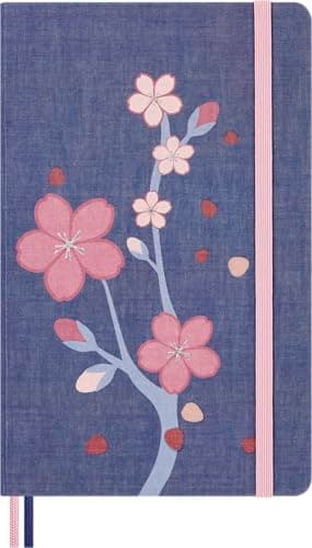 Image of Moleskine Sakura Notebook, Notebook with Blank Pages, Hardcover in Fabric and Elastic Closure, with Greeting Card and Themed Stickers, Large Size 13 x 21 cm
