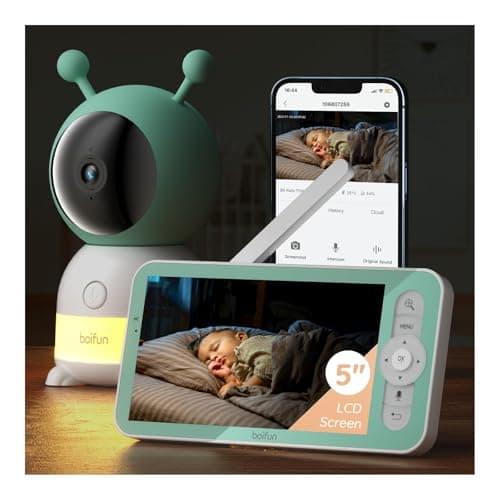 Image of Boifun 2K 2.4GHz WiFi Baby Monitor, Phone App & 5'' Screen Control, Smart Night Light, Night Vision, Cry Motion Sound Detect, 360° Camera, Smartphone, PTZ, Auto-tracking, Humidity Temperature, 4X Zoom
