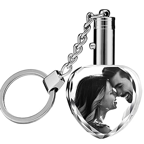Image of Aolun Personalised Crystal Photo Keychain with Picture,Custom Engraved Crystal Keyring with LED Light for Valentines Day Wedding Anniversary Birthday Christmas,Heart
